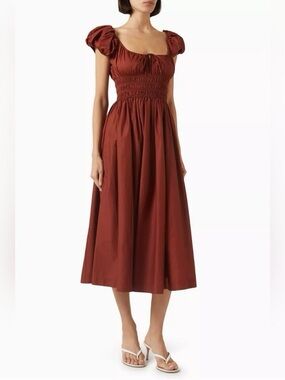 Women’s Doen Rust Brown Puff-Sleeve Midi Dress - XL